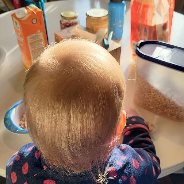 Kleinkind sitzt auf dem Schoß am Frühstückstisch